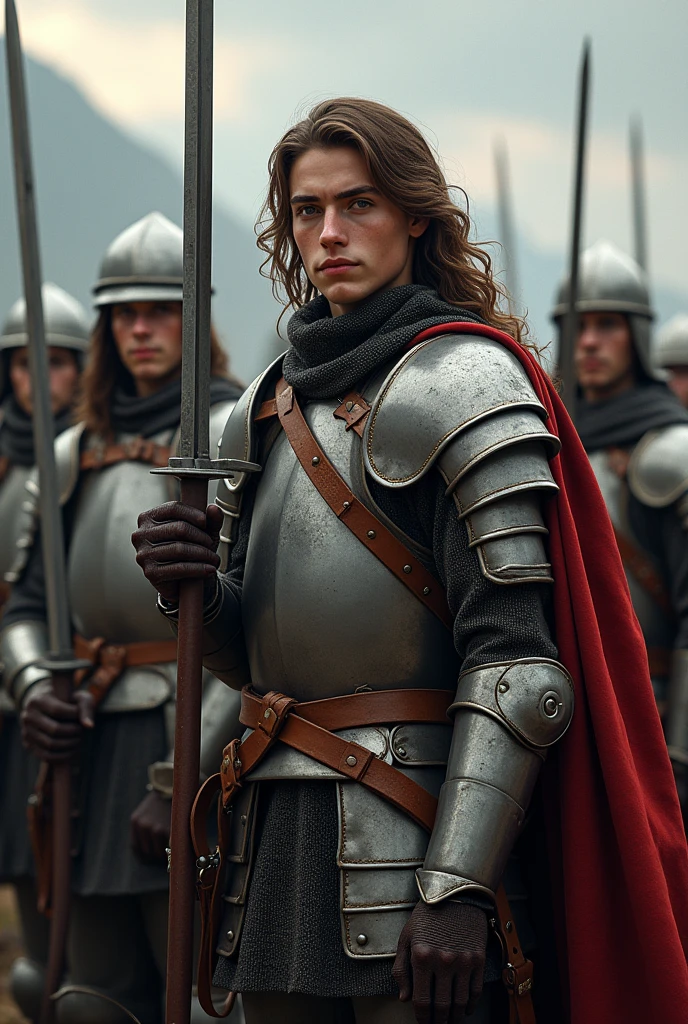 Short Italian soldiers, 24 years old, long brown hair, gray eyes, wearing robust medieval armor. The soldier holds a war sword