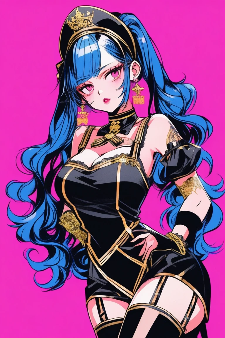 Illustrator, anime , Realistic ,sketch , 1 person, model, 5, lip, Sexy revealing black and gold sheer maid outfit(Holy Gun), order, Blue and pink gradient background, Neon Hair, Big Breaeavage is visibleack, Upper body close-up, Sexy look, Texture Trim, Rua, (masterpiece,Highest quality)