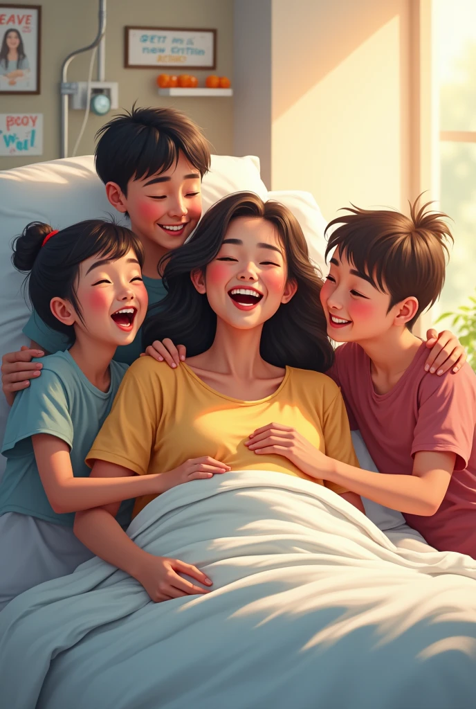 a woman with her family in a hospital laughing  