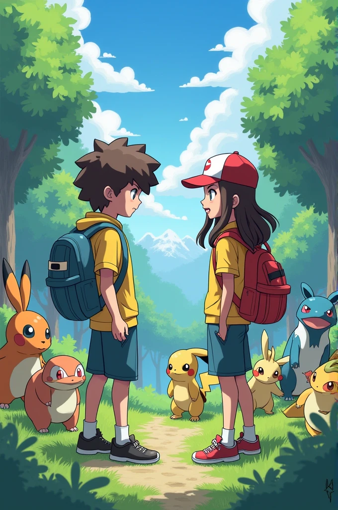 Two pokemon trainers, one with curly brown hair and light skin, and another brunette girl with straight hair., They both have matching Pokemon outfits and are the same height, plus all of this happens in a Pokemon-style landscape with Pokemons jumping around.