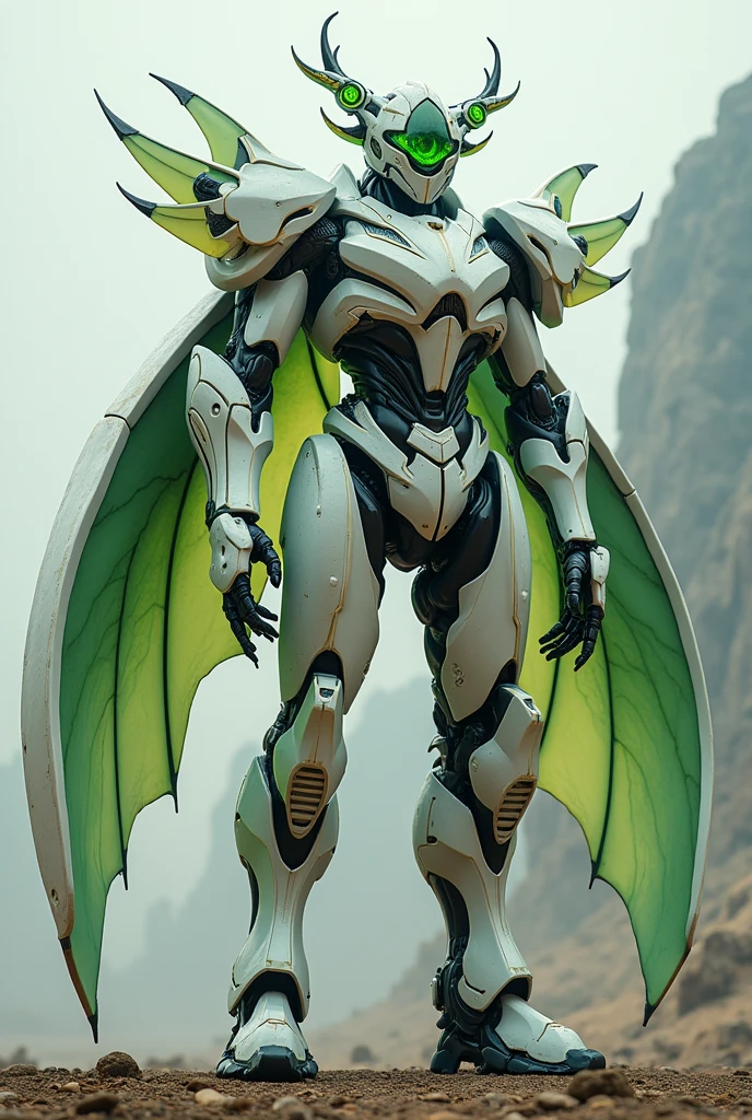 1 robot, aura machine, holy warrior Dunbine, humanoid cyborg dragon, 2 meters tall, bioroid, cyborg with beetle and dragon characteristics, helmet with oriental dragon motif and large compound lens, well shaped like a beetle's outer shell Similar shiny armor panels, beautiful white armor color and green polarization, vegetal and muscular internal frame,
Elytra on the back, 4 dragon wings and ion thrusters stored inside, insect wing veins on the dragon wing skeleton,