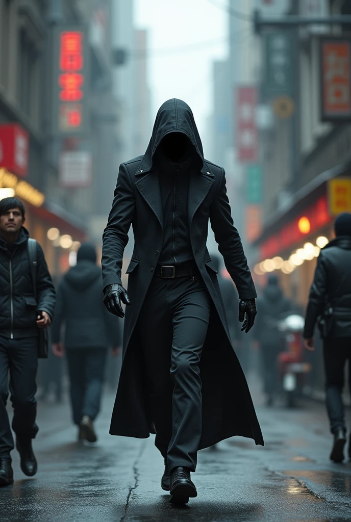 make me a prompt of a assassin in the street with complete body hands face and foot side view or front view whole body