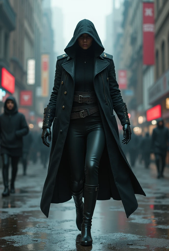 make me a prompt of a assassin in the street with complete body hands face and foot side view or front view whole body