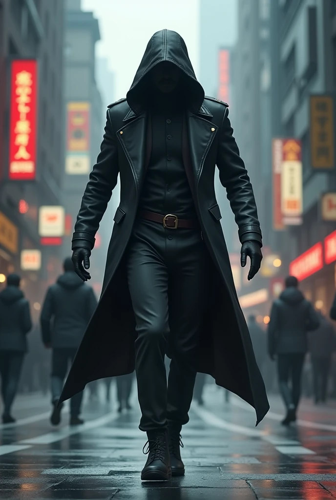 make me a prompt of a assassin in the street with complete body hands face and foot side view or front view whole body 