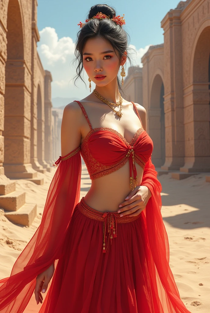 (8k, RAW image, best quality, masterpiece: 1.2), (real, real photo: 1.4), (ultra-detailed 8k unity CG wallpaper), (1 girl: 1.5), vietnamese beauty, (red clothes: 1.4), red spots on forehead, pale skin, blush, big eyes, full body, thighs, exposed navel, gold chain on waist, gold jewelry, flying ribbons, beads, background is Loulan ancient city, ancient city wall, desert, dance, Dunhuang dress, Dunhuang style,