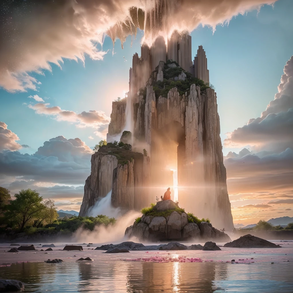 (8k, highest quality, masterpiece, final fantasy style: 1.2), (unRealistic, photoRealistic: 1.37), Dreamy landscape, epic scenes, sunset, Fantasy, Unsurreal landscapes, Super detailed, Flying futuristic Castle, Floating Island in the Sky, Seven-colored swirl of light, Intense lightning, nebulas,Complex Light, Colored light, blue clear Large Lake, Starry sky reflected on the lake surface, Countless shining stars, Meteors, Reflections , (A pillar of light emanated from the ground:1,2), (((roses and orchids gardens , bright sunset, pink and blue clouds, waterfalls in the sky, realistic style))), Hyperrealistic drawing , burning futuristic skyscrapers, , timeless realms, healing light magic effect, in a crystal clear blue magical lagoon of the fairyland, crystal clear waters with silver surface reflections, sharp focus, (close-up:0.9), (bright white theme:1.2), (bright white tone:1.2), (deep blue tone:1.3),((( realistic, Hyperrealism, vivid colours , landscapes , alien nature , science fiction themes))), mountains and abyss, water resources and waterfalls , fog ,