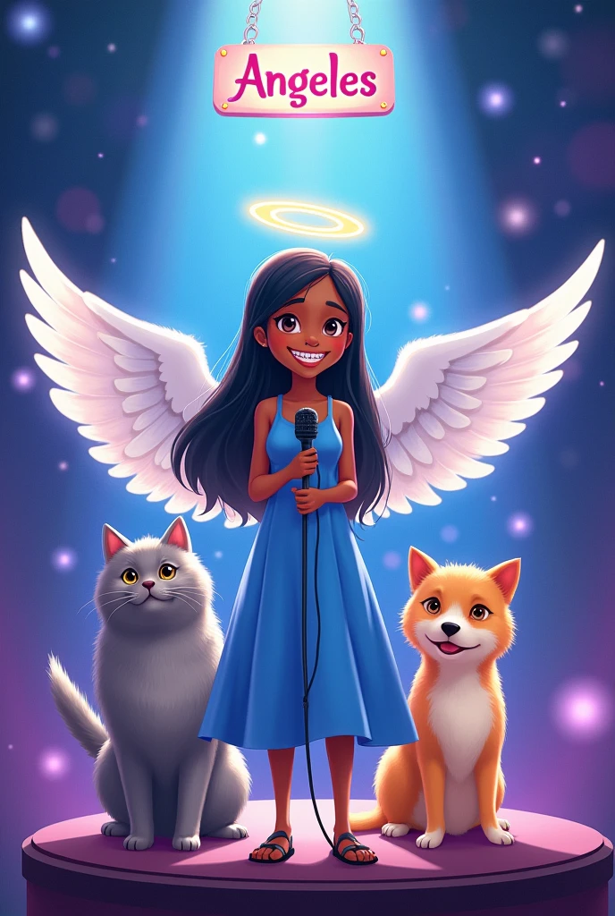 A dark skinned girl is on a stage with a beautiful long blue dress and white wings with a winged microphone, she has a wide nose, a big beautiful smile, she wears braces, her hair is black, next to her are her 3 pets, her large, completely lead, Angora kitten, her large, beige Golden puppy watching her next to her and her last pet, the smallest, a beautiful yellow and white kitten, above them they have a sign that says Angeles