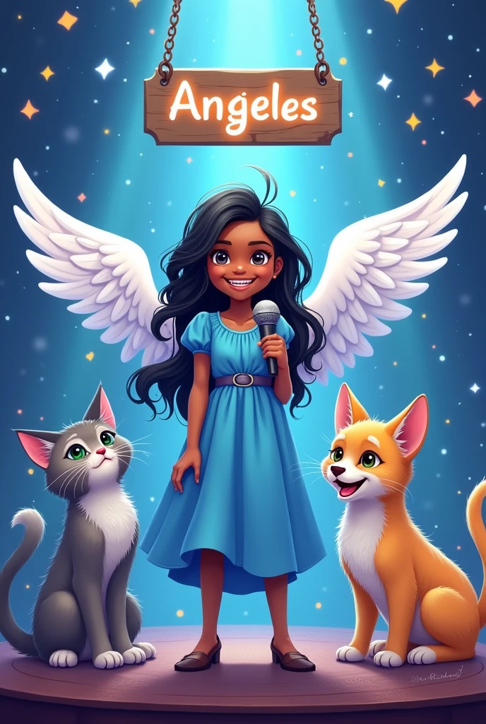 A dark skinned girl is on a stage with a beautiful long blue dress and white wings with a winged microphone, she has a wide nose, a big beautiful smile, she wears braces, her hair is black, next to her are her 3 pets, her large, completely lead, Angora kitten, her large, beige Golden puppy watching her next to her and her last pet, the smallest, a beautiful yellow and white kitten, above them they have a sign that says Angeles 