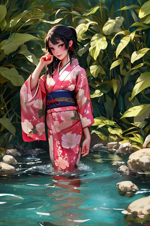 A woman in a beautiful kimono wading in water up to her waist She is laughing with a provocative expression, brushing her wet hair back Nature A wild, primeval forest Highest quality 8k Beautiful eyes rendered with incredible detail portfolio