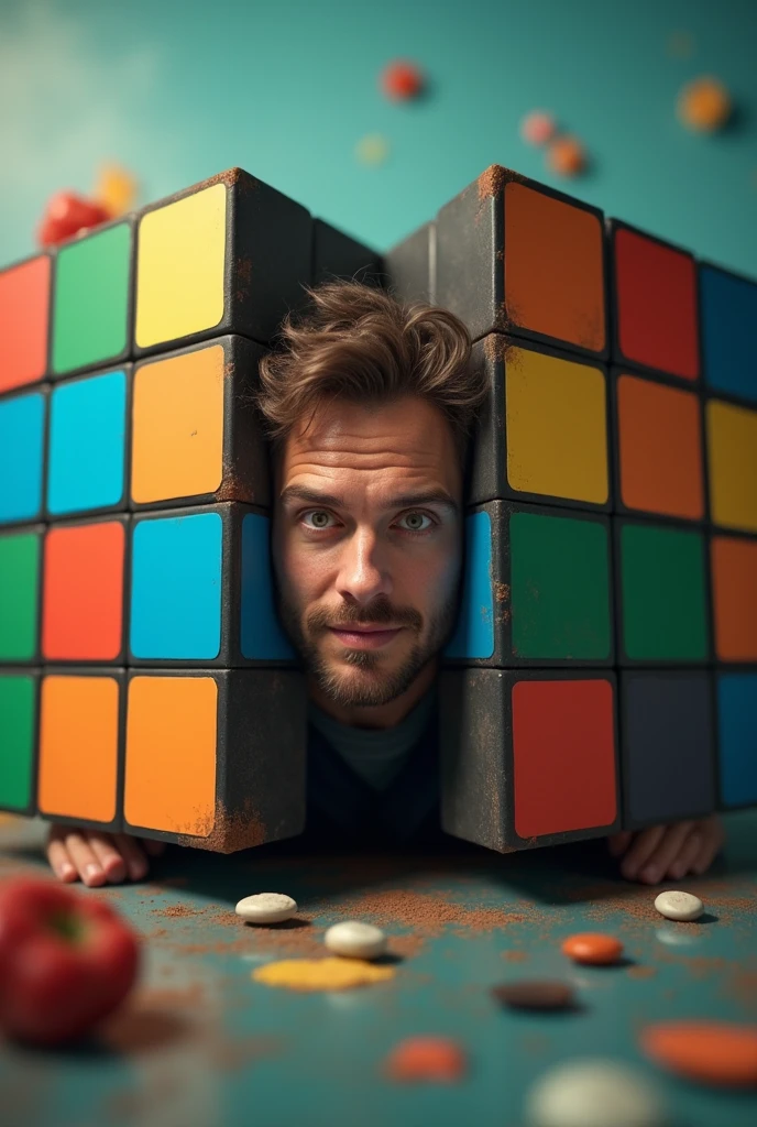 Man hiding behind a bigger Rubik's cube than him. Only his head is out.Creative. Imaginary. YouTube banner size.