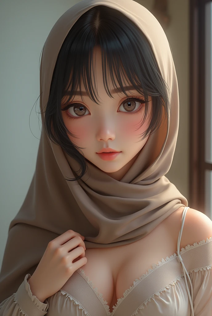 A 1 asian girl with striking beauty, wearing a black hijab and a white crop top paired with a black mini skirt. She is taking a close-up selfie in her room, with her face almost touching the screen. The close proximity highlights her youthful features and the subtle details of her outfit. Her room has a cozy and personalized touch, adding to the vibrant and lively atmosphere of the illustration.
