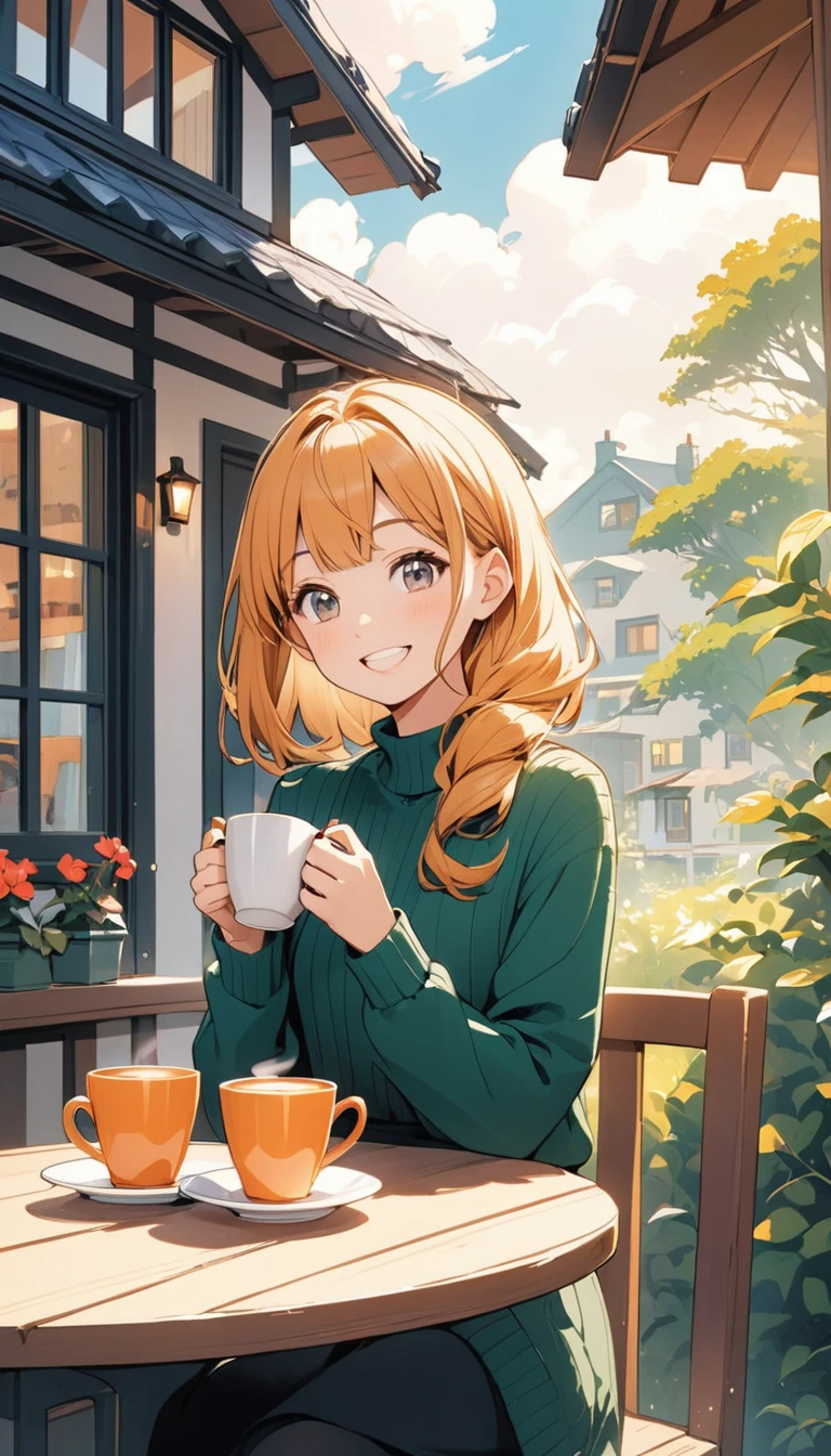 house, novel style, happy girl taking one coffee