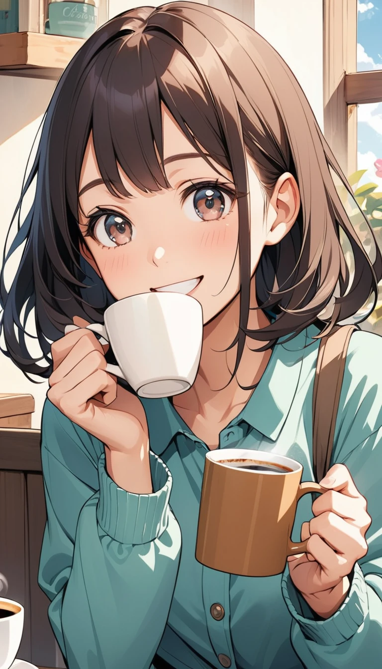 house, novel style, happy girl taking one coffee