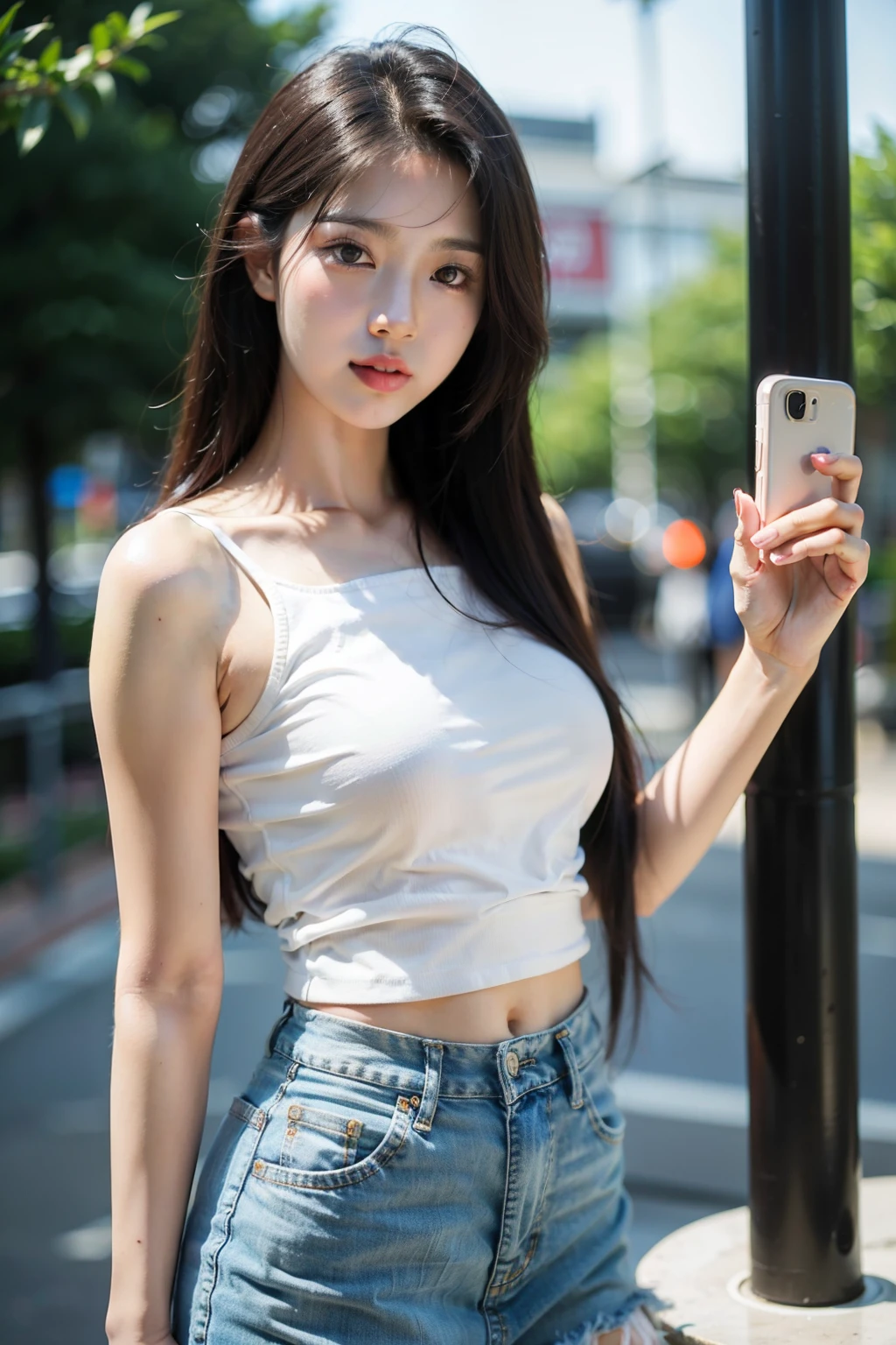 arafed asian woman in a white top and denim skirt posing for a picture, korean women's fashion model, gorgeous young korean woman, beautiful south korean woman, beautiful young korean woman, 8k artgerm bokeh, korean girl, jinyoung shin, gorgeous chinese model, jaeyeon nam, beautiful girl model, beautiful asian girl, holding a phone in hand