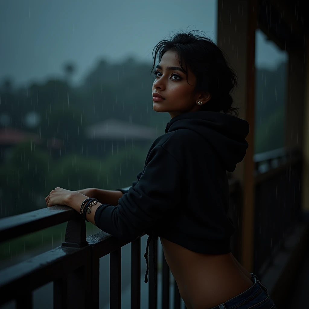 best quality,4k,8k,highres,masterpiece:1.2),ultra-detailed,(realistic,photorealistic,photo-realistic:1.37),srilankan 25 year old girl, with attractive facial features,beautiful detailed eyes,beautiful detailed lips,extremely detailed eyes and face,longeyelashes, fair skin tone. big breasts. wearing a black hoodie and black shorts, rainy day, dark atmosphere, posing elegantly for an instagram picture. standing on her room balcony while its raining. both hands holding the balcony fence, she's admiring the rain