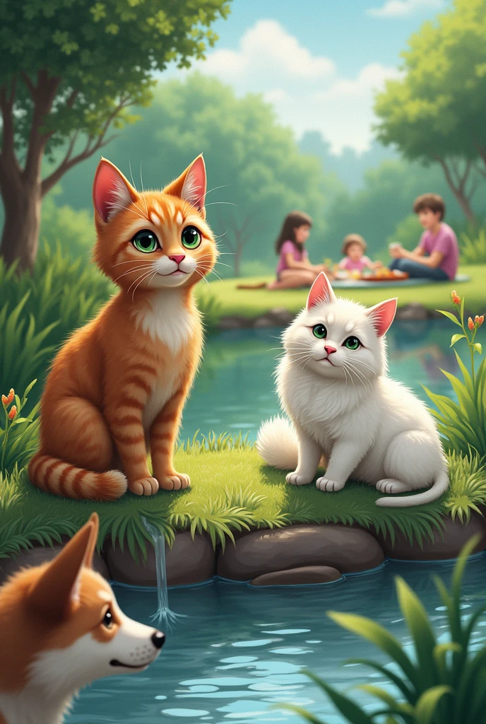 on the river bank a young ginger cat with dark green eyes, white fluffy cat, a well-fed dog a dog shakes off water, In the background, a family is having a picnic in a clearing, neuropainting