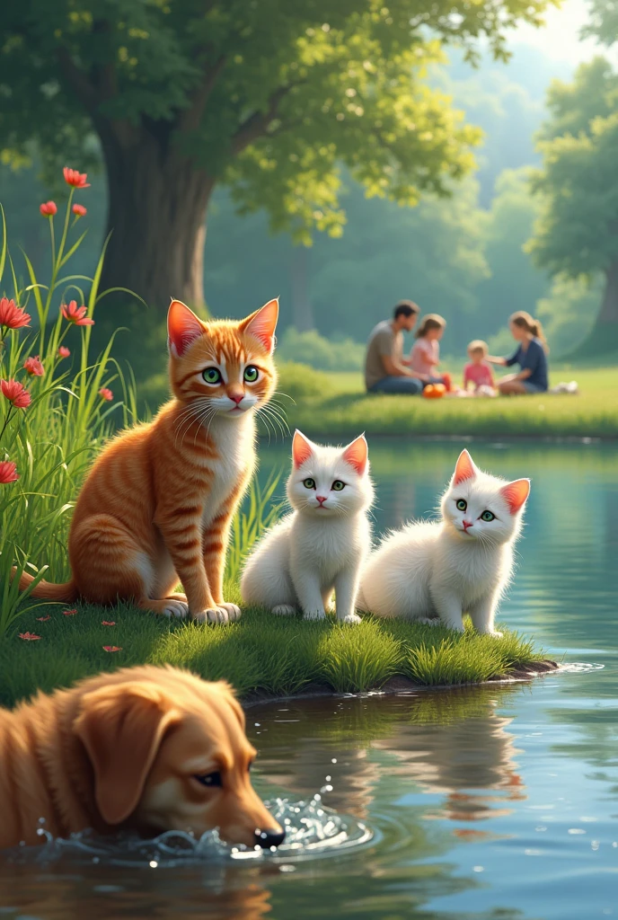 on the river bank a young ginger cat with dark green eyes, white fluffy cat, a well-fed dog a dog shakes off water, In the background, a family is having a picnic in a clearing, neuropainting