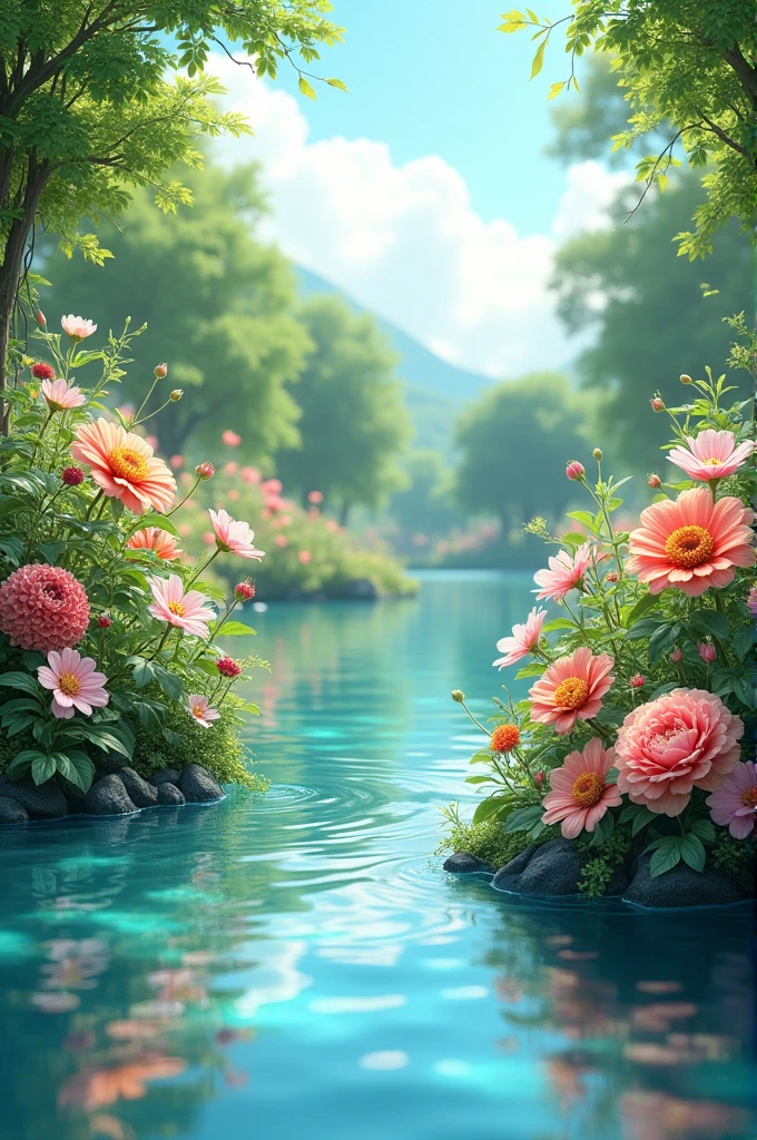 in front of an enclosed garden, with flowers and crystal clear water