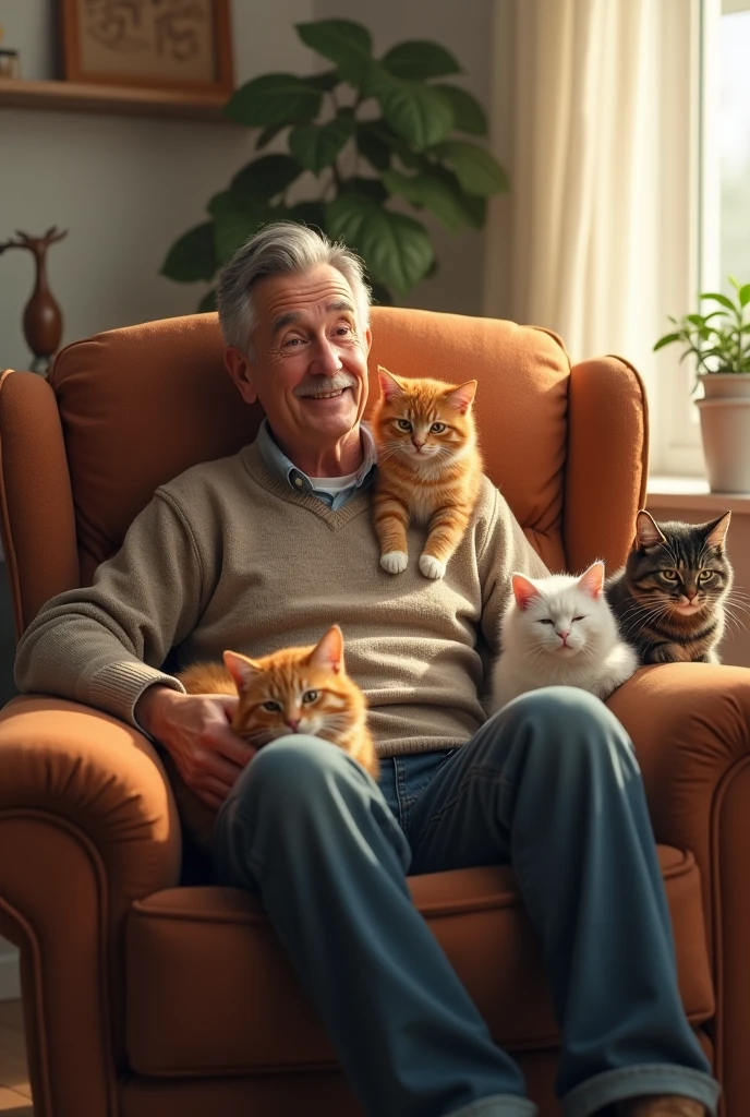 A man with three cats
