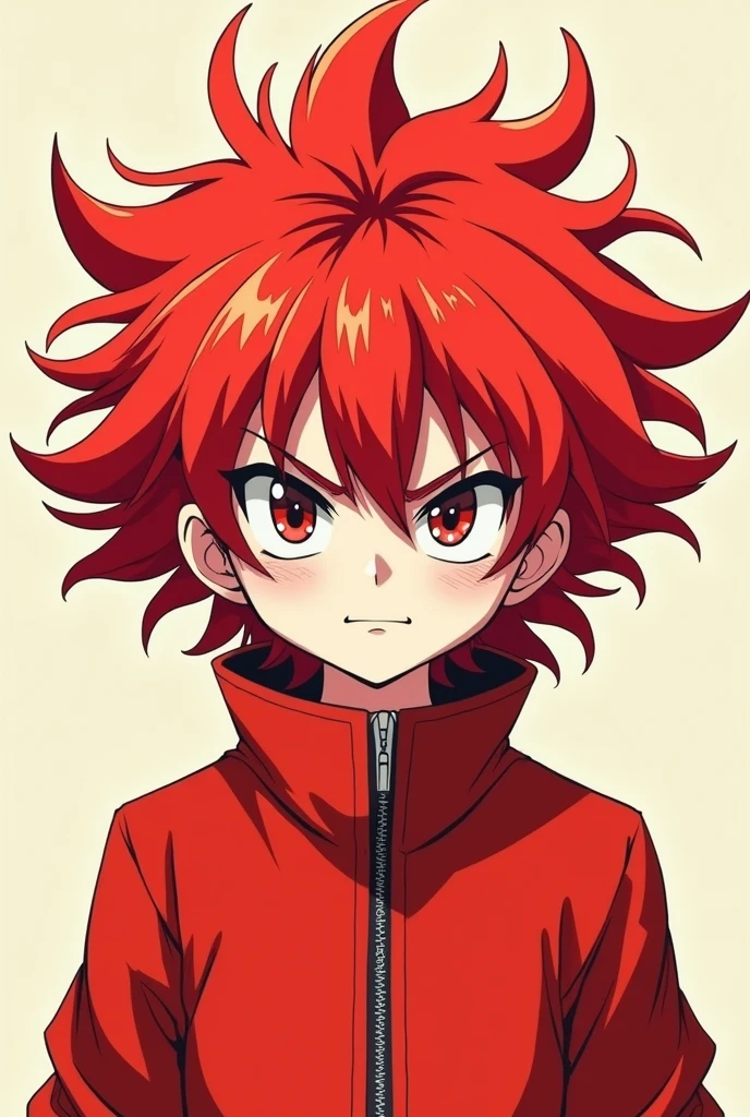 A cool, red-haired, mashed-up guy who looks a bit like an anime character.、I think red clothes and white skin would be good. It looks like Crayon Shin-chan. A little angry.