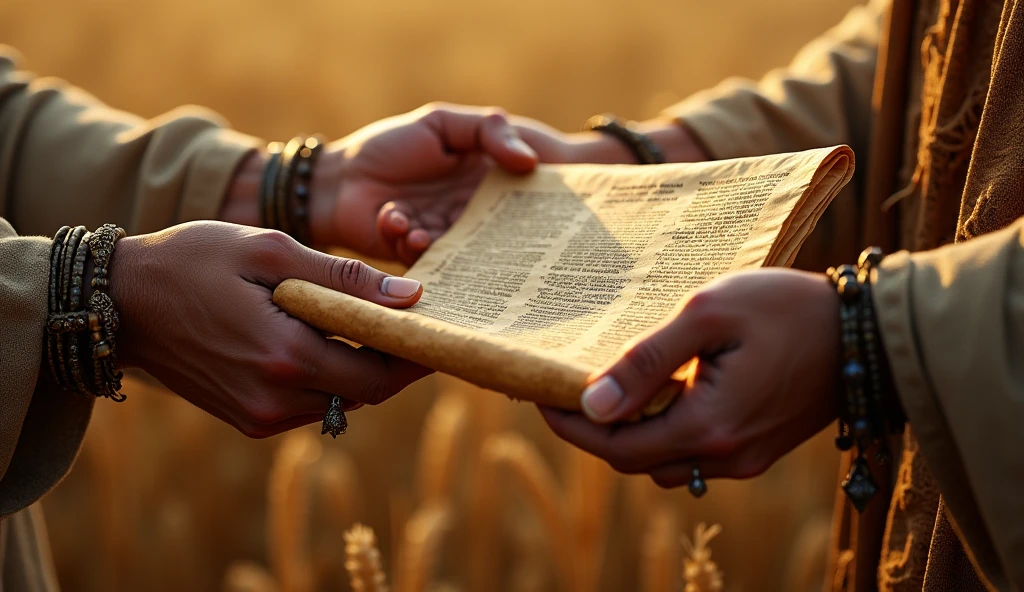 Create a hyper-realistic close-up image of Solomon&#39;s hands holding an ancient, decorated scroll, with inscriptions of wisdom, while handing a bag of grain to a farmer. Hands must be detailed, with visible rings and bracelets. The background should show a blurred view of a crop field at dawn., symbolizing diligent work and the reward of generosity. The texture of the parchment and the appearance of the grains should be realistic and detailed..