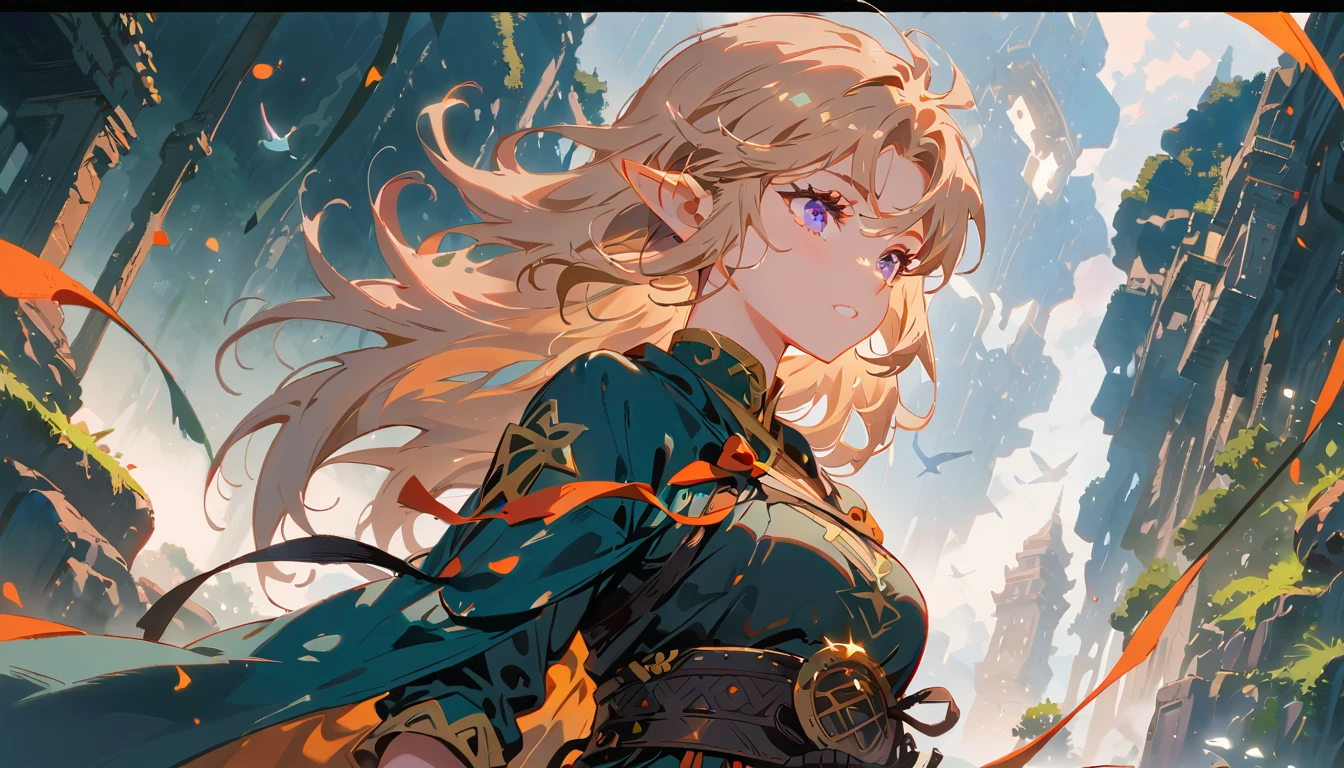 female adventurer, full body, Game Art Style, (masterpiece), highest quality, High resolution, 4k, 8K, Detail view, intricate details, cinematic lighting, amazing quality, 1 girl, Bird、bard、Close your eyes and sing passionately、beautiful wizard,black hair,purple eyes,great shading, soft lighting, Face-to-face camera, perfect eyes,She stands in front of temple of the stars