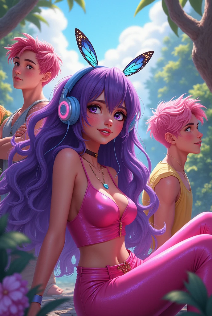 Korean purple hair butterfly woman with headphone and shiny pink outfit and pink hair white man friends clip cover