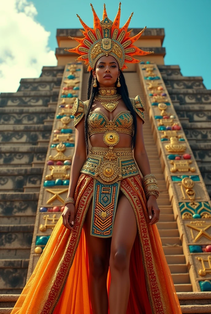 singer anitta dressed as a latin aztec princess, on top of a pyramid filled with Aztec jewels and ornaments, a fashion image for the moschino brand