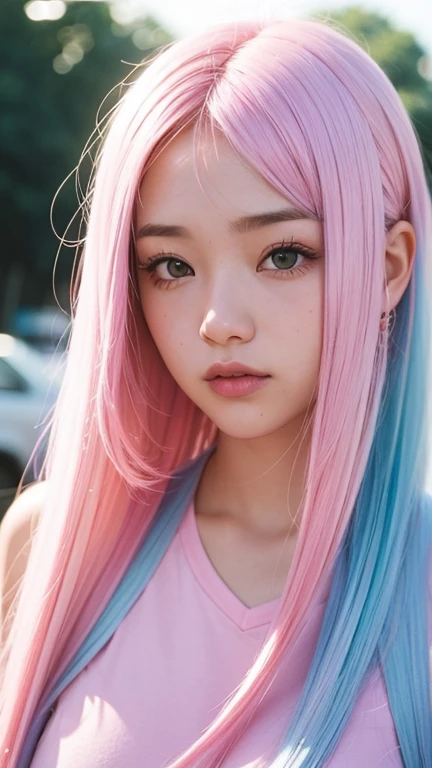 A cute fit teenage with long pink-to-blue gradient hair, a Kodachrome 64 picture film, close up shot,  hyperrealistic