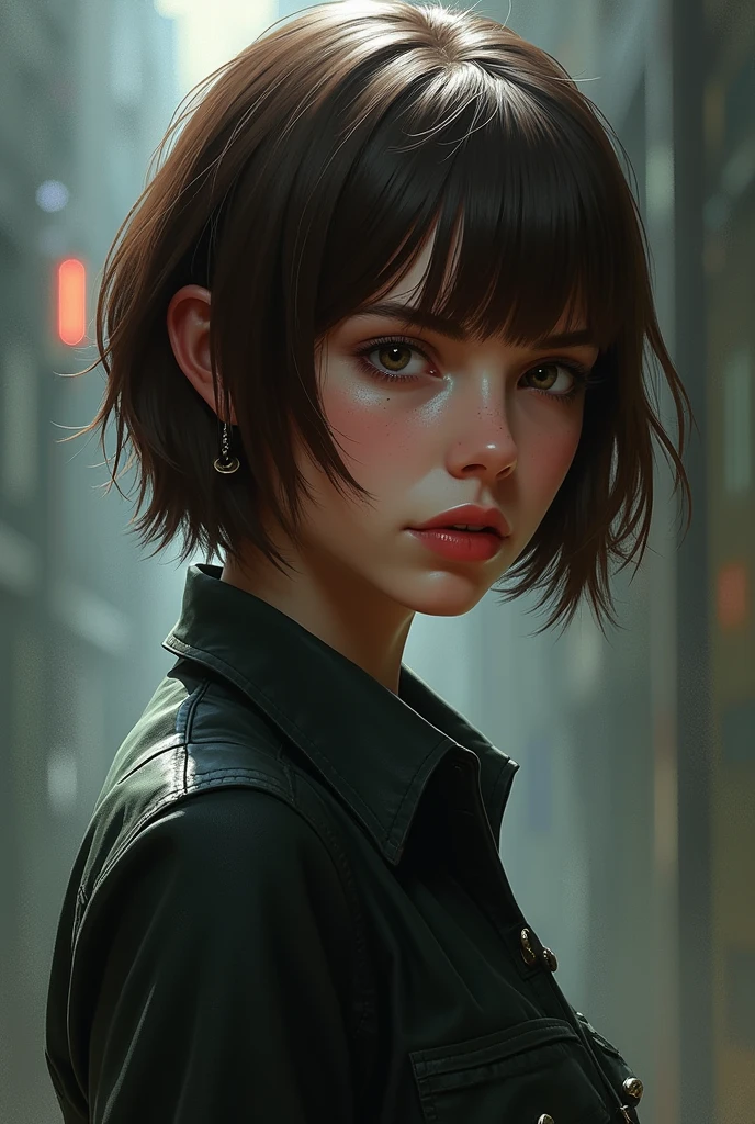 20 year old Caucasian girl, Her hair is short brown, Her skin is white, His expression is serious and cold, He seems like a bad person, Digital realistic illustration of video game characters