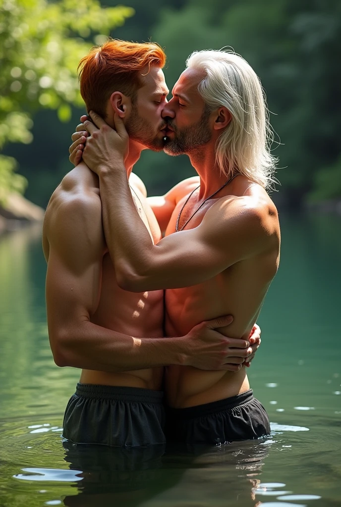 two mens, an 18 year old young man, short red hair, thin body and red hair,  and a man with long white hair and a youthful appearance similar to Henry Cavill, much taller and stronger than the red-haired man, muscular and sexy taking a bath in a lake kissing and hugging