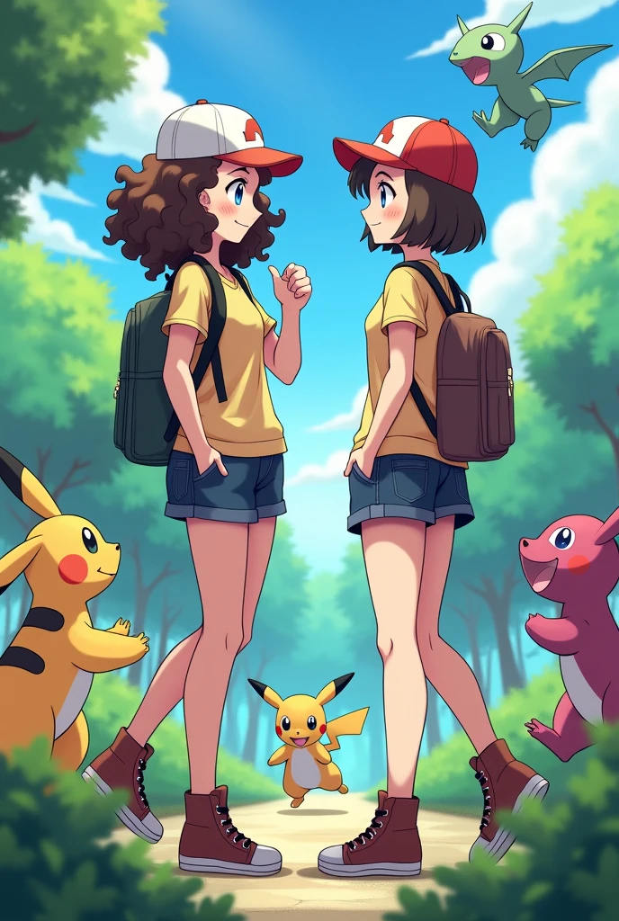 Two pokemon trainers, one with curly brown hair and light skin, and another brunette girl with straight hair., They both have matching Pokemon outfits and are the same height, plus all of this happens in a Pokemon-style landscape with Pokemons jumping around., They are two girls both with long hair