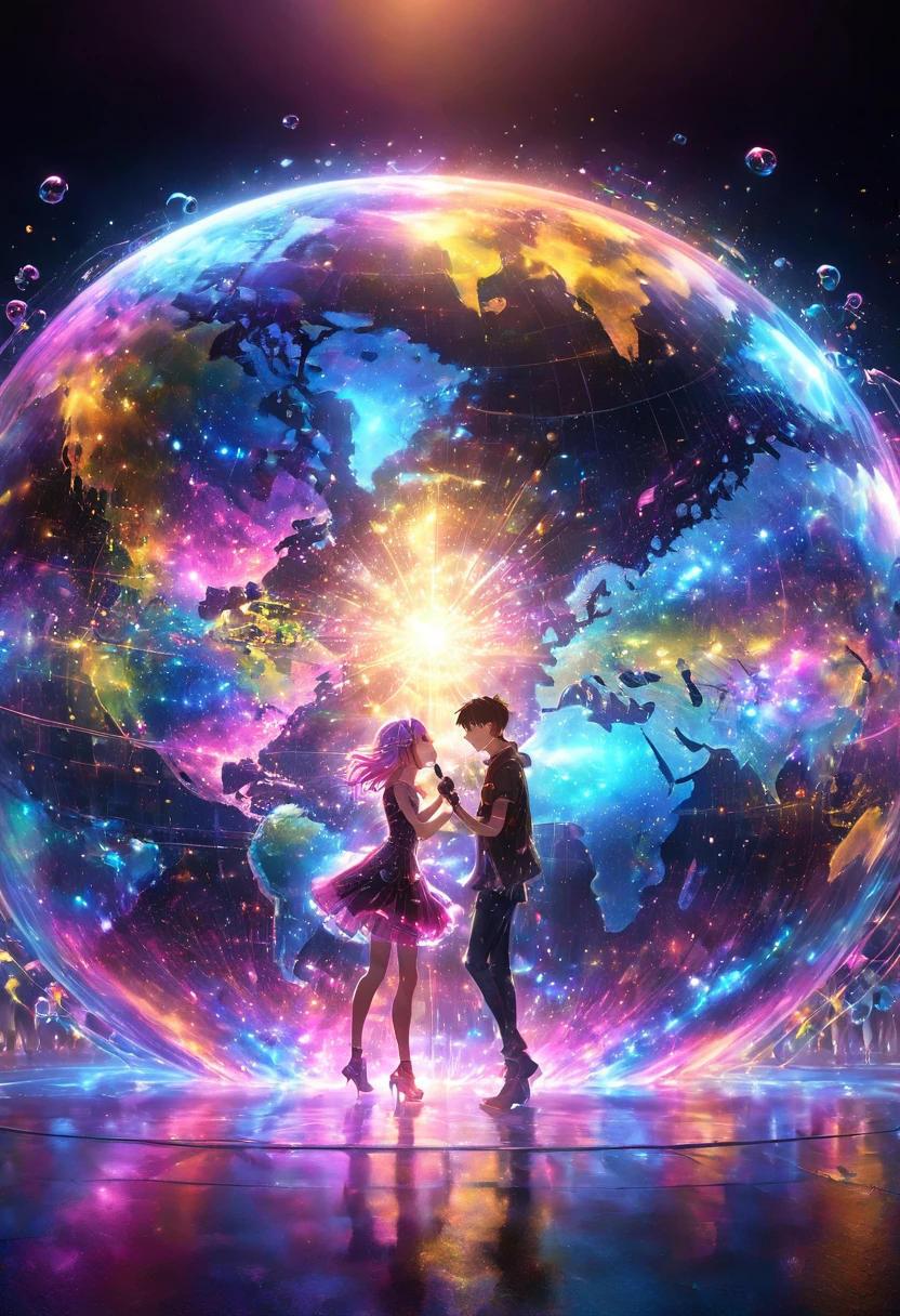 At the iconic Shibuya Scramble Crossing in Tokyo, a large outdoor festival stage features a Cyberpunk boy and a Cyberpunk girl singing while facing each other. The background is a neon-pop abstract art style with cinematic lighting, highlighting the sense of happiness among the crowd. Numerous finely drawn bubbles and slowly moving musical notes float around, surrounded by ultra-fine particles. The environment is dynamic, with a vivid and intricate design. Passersby and the audience are captivated by the high-quality 4K CG masterpiece, emphasizing the complex details and vibrant atmosphere of the performance."
In the center, a cyberpunk girl and a cyberpunk boy look at each other and sing a song