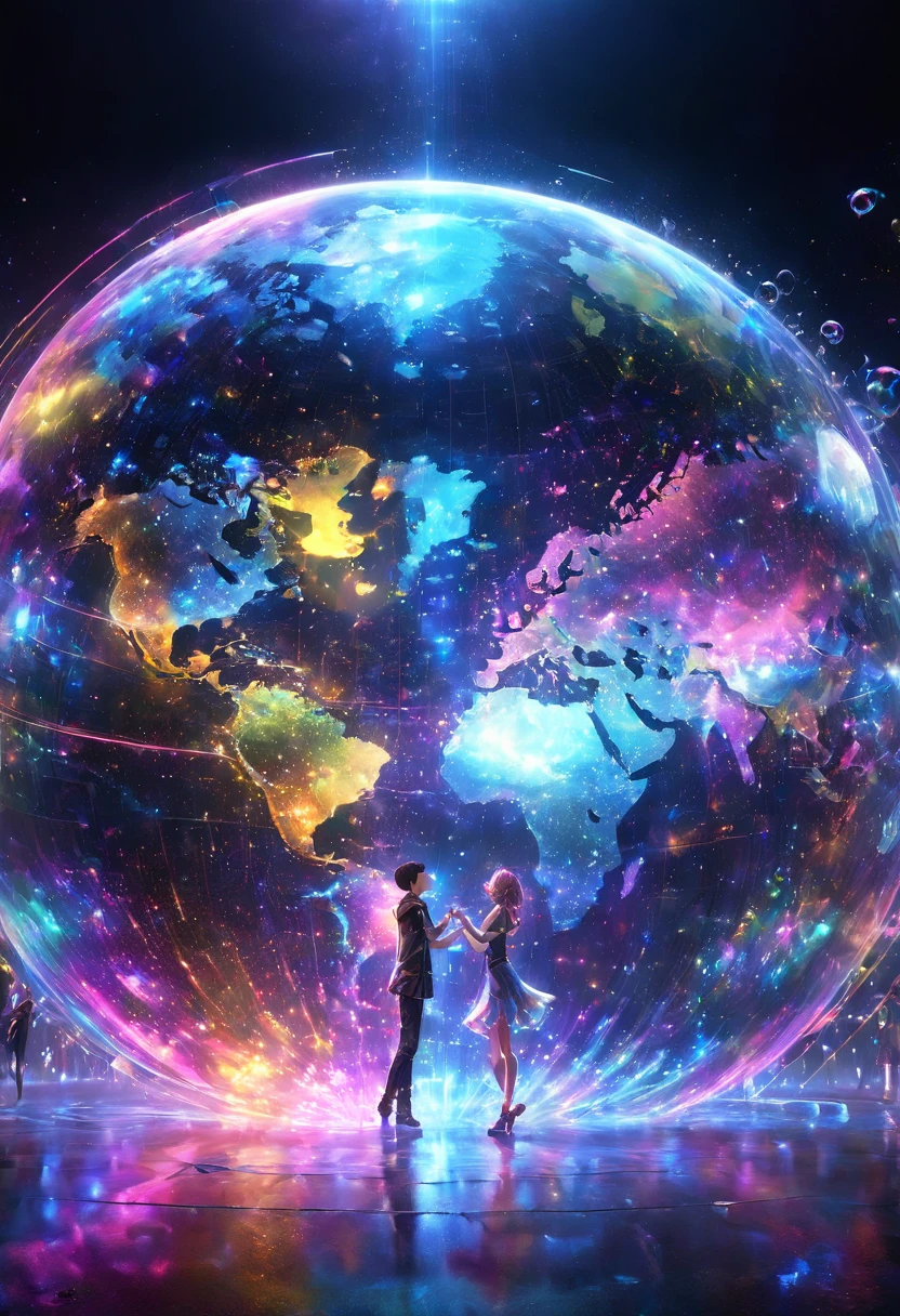 At the iconic Shibuya Scramble Crossing in Tokyo, a large outdoor festival stage features a Cyberpunk boy and a Cyberpunk girl singing while facing each other. The background is a neon-pop abstract art style with cinematic lighting, highlighting the sense of happiness among the crowd. Numerous finely drawn bubbles and slowly moving musical notes float around, surrounded by ultra-fine particles. The environment is dynamic, with a vivid and intricate design. Passersby and the audience are captivated by the high-quality 4K CG masterpiece, emphasizing the complex details and vibrant atmosphere of the performance."
In the center, a cyberpunk girl and a cyberpunk boy look at each other and sing a song
