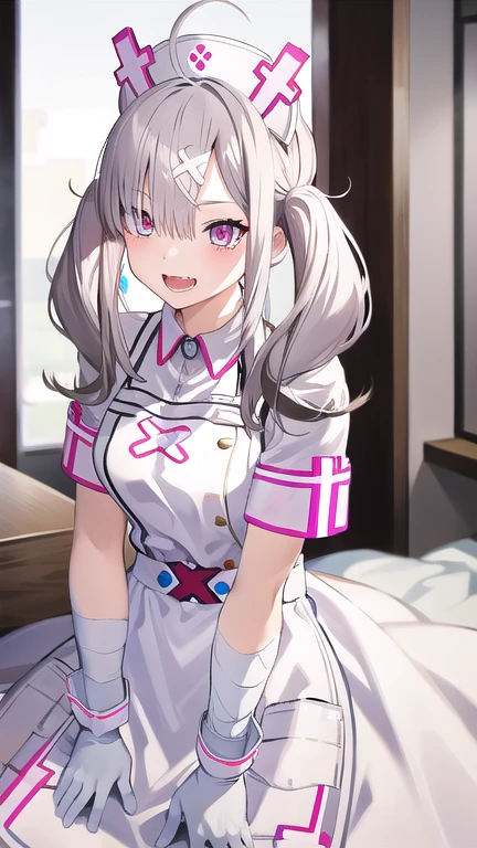 masterpiece,best quality,high resolution,sk1, white gloves, white apron, short sleeves, nurse, bandaged arm, wrist cuffs, white dress, fangs