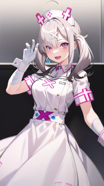 masterpiece,best quality,high resolution,sk1, white gloves, white apron, short sleeves, nurse, bandaged arm, wrist cuffs, white dress, fangs