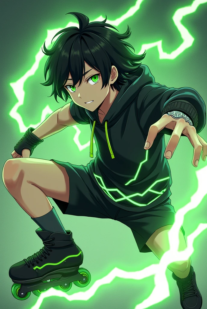Could you please create an Anime Character. A male character with black hair reaching his ears, bright green eyes, wearing a black hoodie with green lightning around the waist, black shorts, and a silver ring with a subtle lightning pattern. He has a green lightning aura. He schuld wear cool black inline skates with green weehls. His hair should a little bit curly and with a bit green in it. He is a young adault