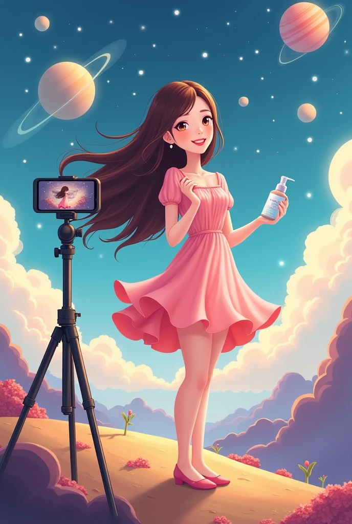 A women who beautiful, long brown hair, white skin and wear cute dress, asian girl. She is selling skincare online a mobile phone with a tripod. 
In her hand she held a skincare. Standing on a planet overlooking other planets. cartoon style