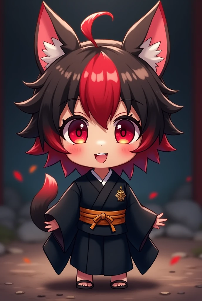 Cutie Sticker Chibi boy red and black hair red eyes cat ears brown skin black kimono dark background 