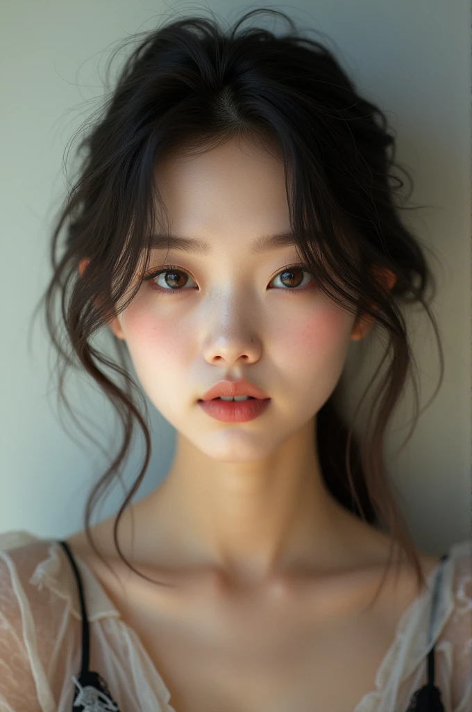 Asian  girl, cute and sexy face, sharp eyes like a cat, half Korean.