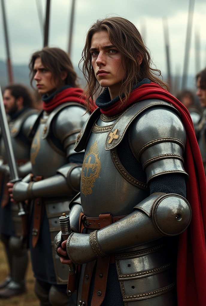Short Italian soldiers, 24 years old, long brown hair, gray eyes, wearing robust medieval armor. The soldier holds a war sword