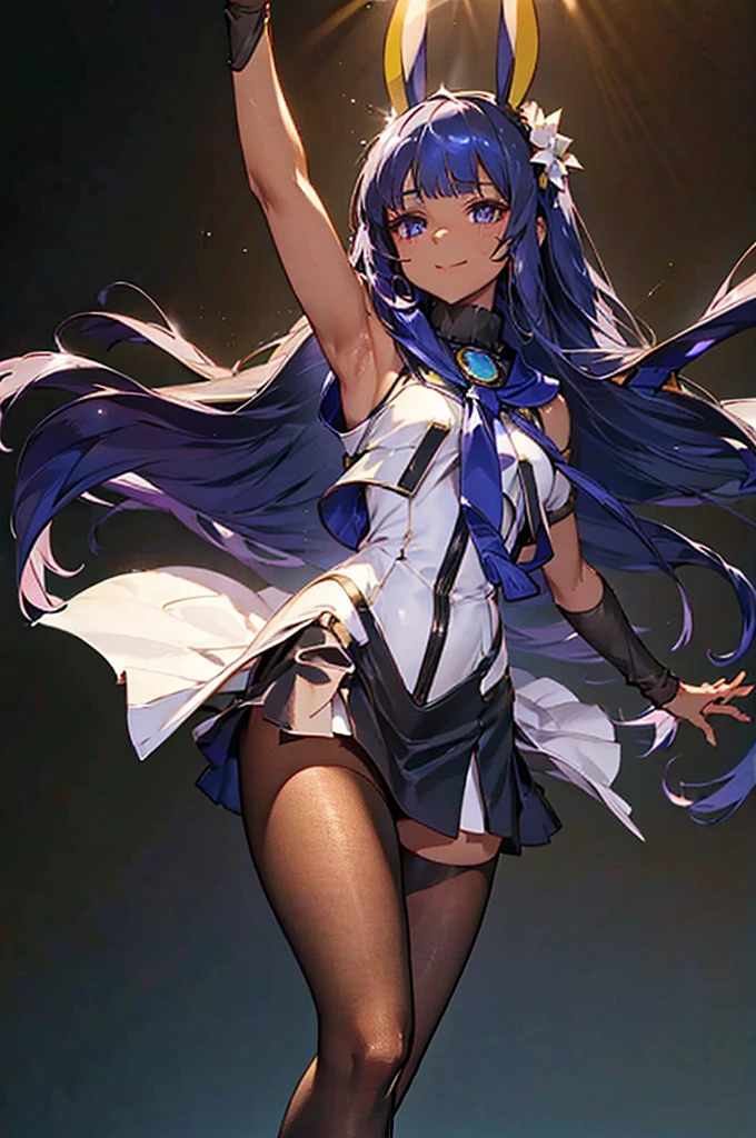 Black background with spotlight, Long eyelashes, Black background with spotlight,　White jacket、White mini skirt、Nitocris, beautiful girl、Raise your arm and show your armpit., Brown Skin