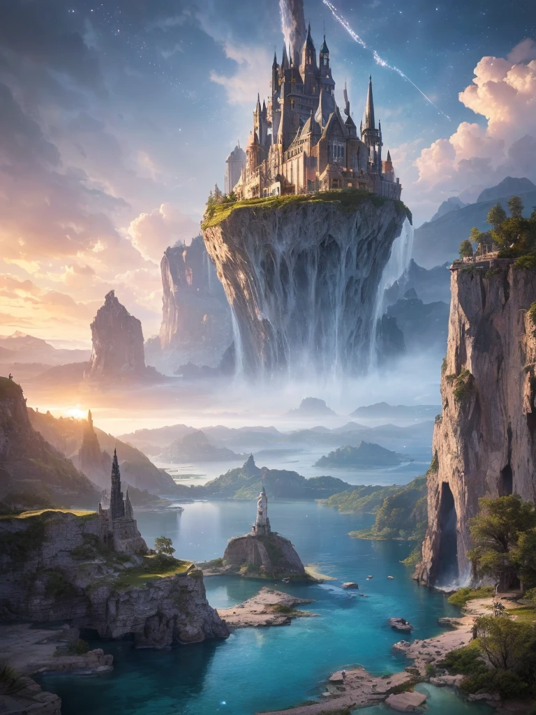 (8k, highest quality, masterpiece, final fantasy style: 1.2), (unRealistic, photoRealistic: 1.37), Dreamy landscape, Fantasy, Unsurreal landscapes, Super detailed, Flying Castle, Floating Island in the Sky, Seven-colored swirl of light, Intense lightning, milky way, Complex Light, Colored light, Large Lake, Starry sky reflected on the lake surface, Countless shining stars, Meteors, Reflections , (A pillar of light emanated from the ground:1,2), roses and orchids gardens , sunset, pink clouds, waterfalls in the sky, realistic style, Hyperrealism drawing, a flying pirate spaceship floating at the clouds level, burning skyscrapers, cyborgs, timeless realms, stunning princess , floating hair, pink lipstick, cute, naked shoulders , casting spell, healing light magic effect, in a magical lagoon of the fairyland, crystal clear water surface reflections, sharp focus, looking at viewer, (close-up:0.9), (bright white theme:1.2), (bright white tone:1.2), (deep blue tone:1.3), realistic, Hyperrealism,