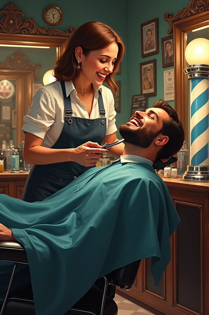 Woman shaving beard of excited man at barber shop opening