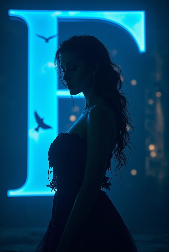 Beautiful weman dark photo, left side 3D letter F colour blue,and layen,background see bitch 
, sky blue bird fly
