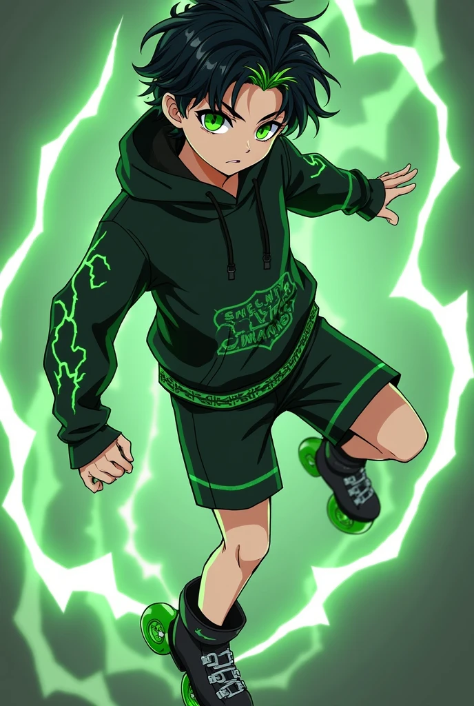 Could you please create an Anime Character. A male character with black hair reaching his ears, bright green eyes, wearing a black hoodie with green lightning around the waist, black shorts, and a silver ring with a subtle lightning pattern. He has a green lightning aura. He schuld wear cool black inline skates with green weehls. His hair should a little bit curly and with a bit green in it. He is a young adault