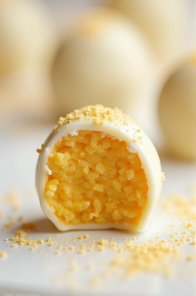 Corn brigadeiro with white chocolate coating.