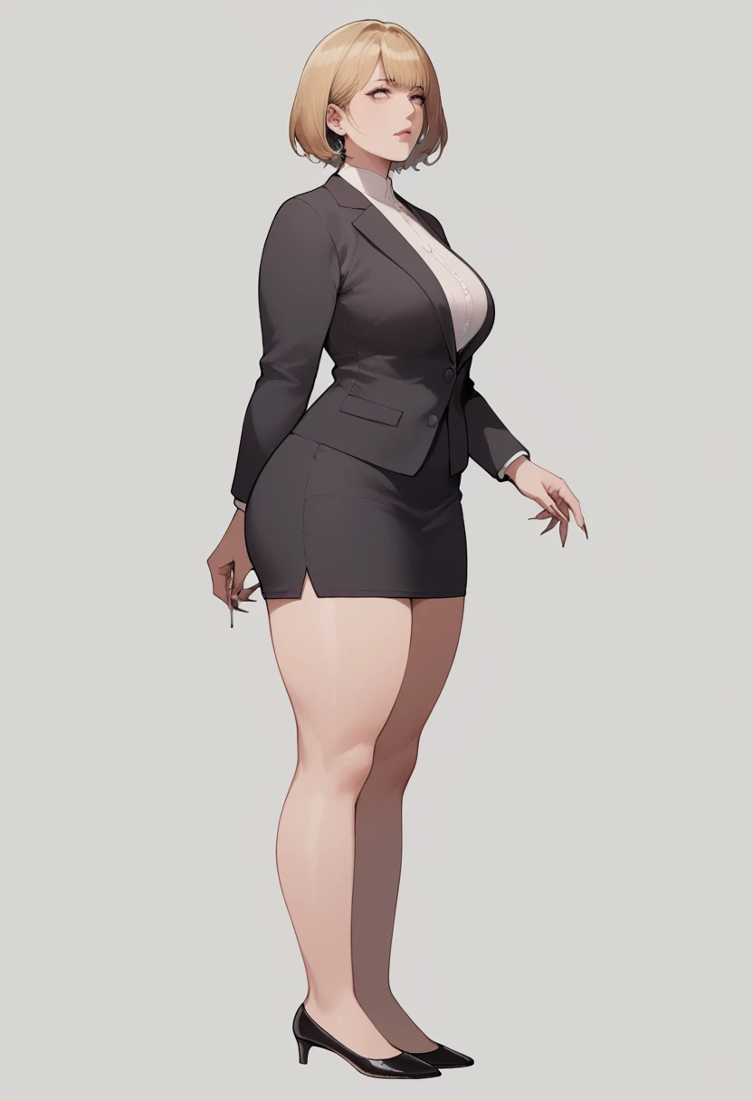 Score_9, score_8_up, score_7_up, score_6_up, source_anime, Nyantcha style, 1girl, solo, Short blonde hair, hair bangs, pale skin, short bob hairstyle, adult woman, mature woman, 50 years old, detailed eyes, milf, large breasts, wide hips, thick thighs, shapely legs, entire body showing, long fingernails, standing, black blazer, white button up underneath, very long black pencil skirt, knee-length pencil skirt, ballerina flats shoes, black footwear, flats shoes, side view