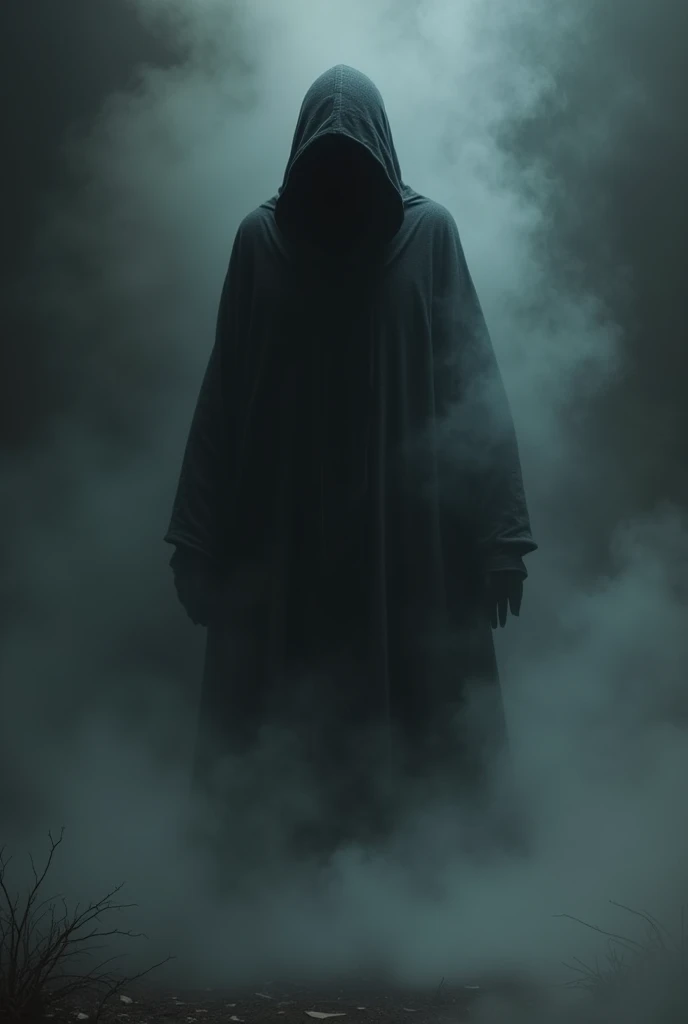A ghostly dark figure, half body materialized and the lower part of body is like smoke.