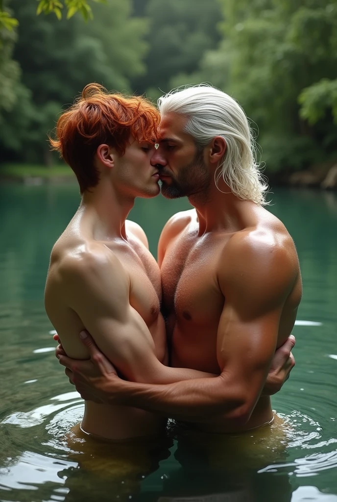two mens, an 18 year old young man, short red hair, thin body and red hair, and a man with long white hair and a youthful appearance similar to Henry Cavill, much taller and stronger than the red-haired man, muscular and sexy taking a bath in a lake kissing and hugging